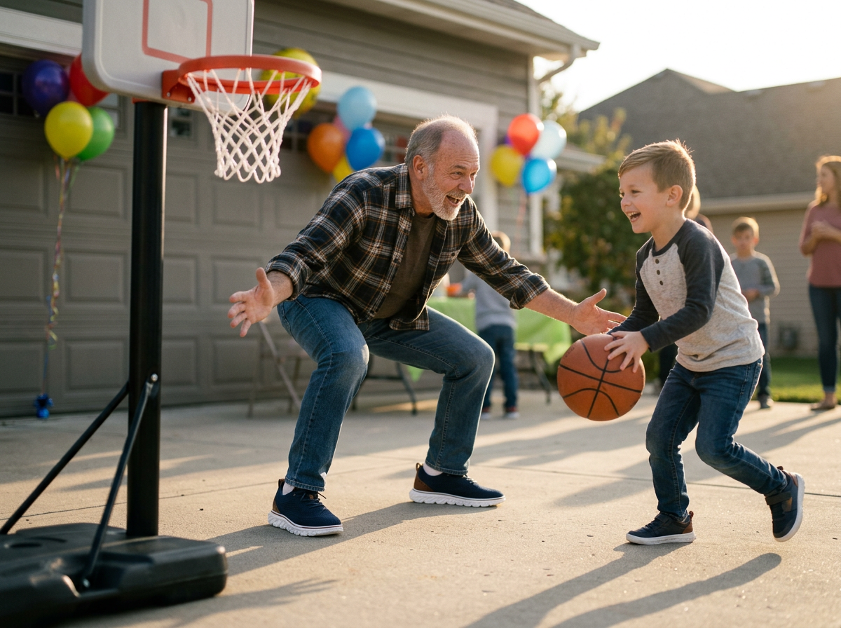Grandfather in navy OrthoFit sneakers playfully defending his grandson in a driveway basketball game at a birthday party