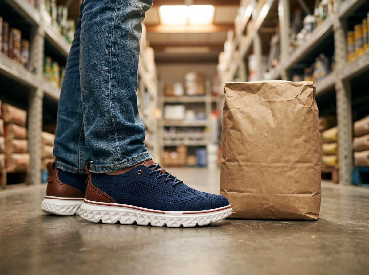Close-up of navy OrthoFit sneakers with chestnut leather heels and thick cushioned soles standing on a hardware store concrete floor