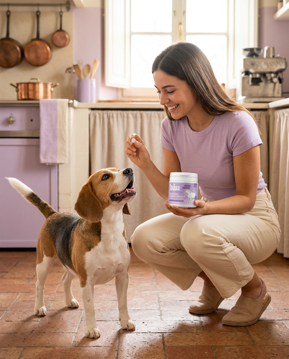 Ragazza sorridente in cucina che tiene il barattolo Probióticos y salud intestinal e offre una compressa al suo beagle