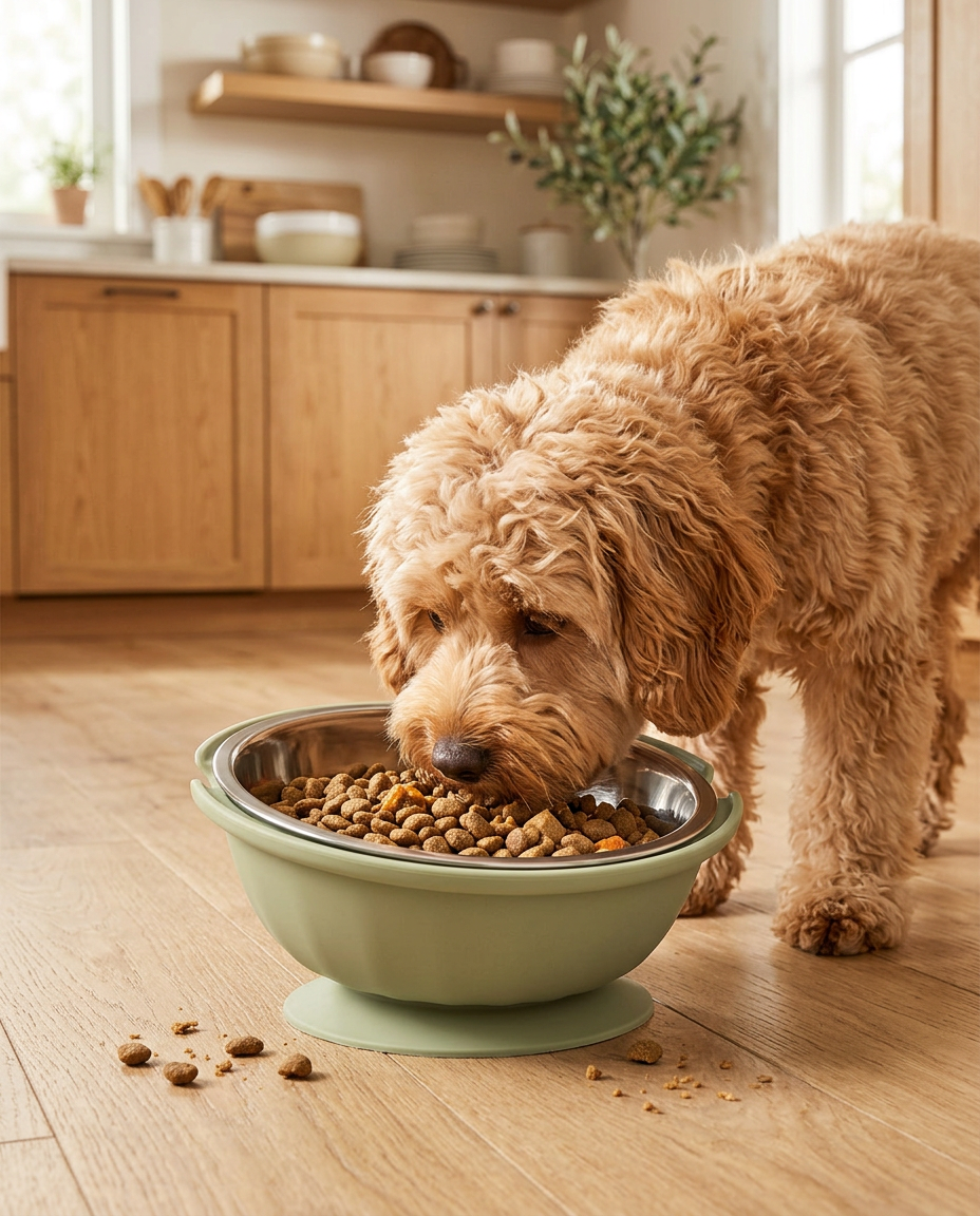 A fluffy doodle eating kibble from the tilted bowl's stainless steel insert on a wooden kitchen floor