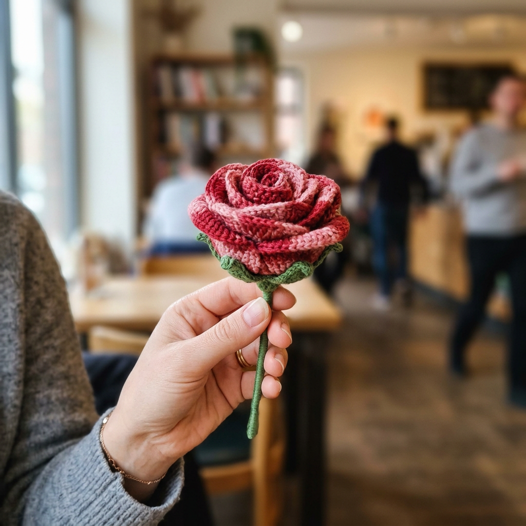Hand holding a single handmade crochet rose