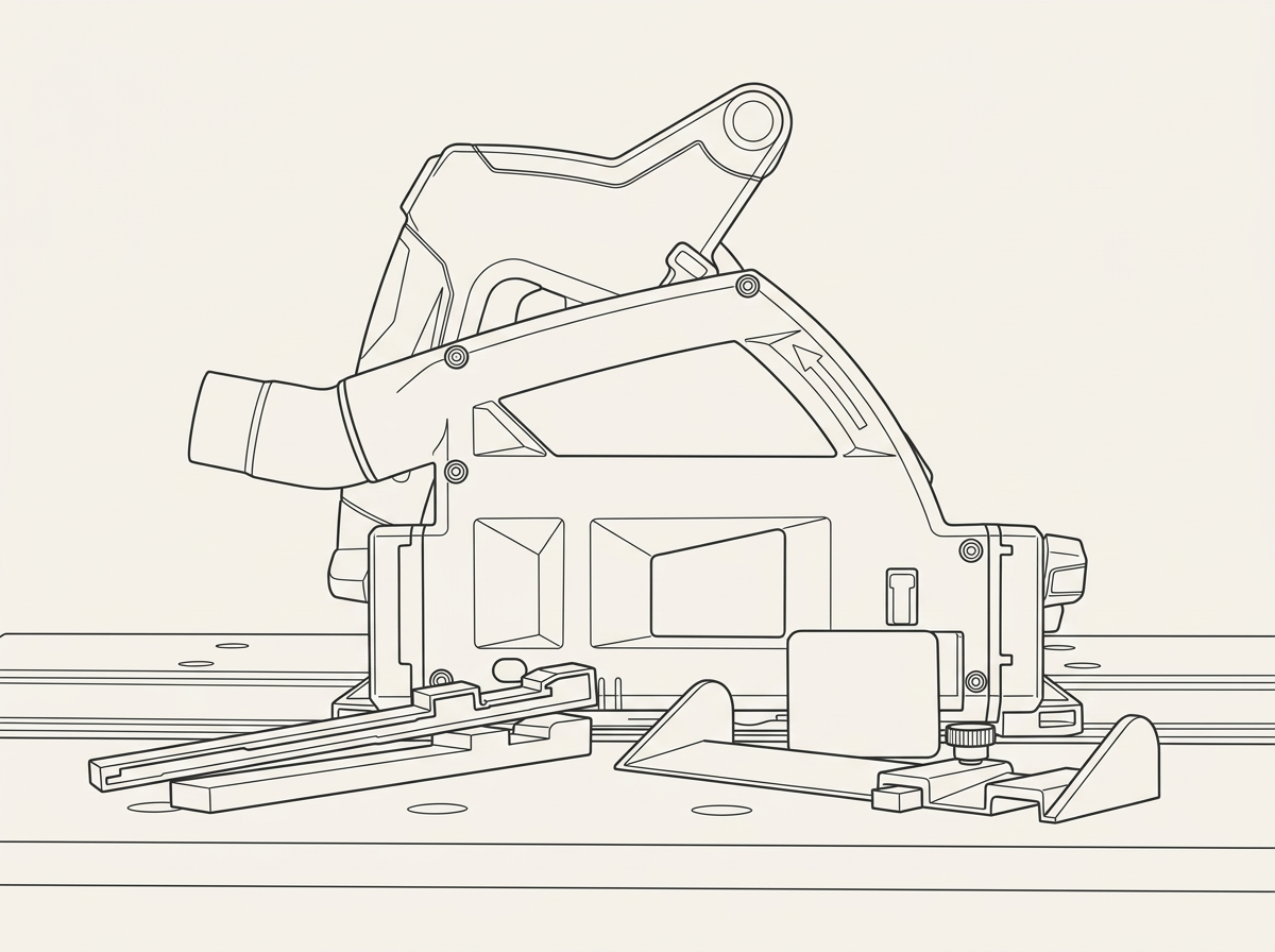 Line drawing of a track saw on its guide rail with track saw accessories