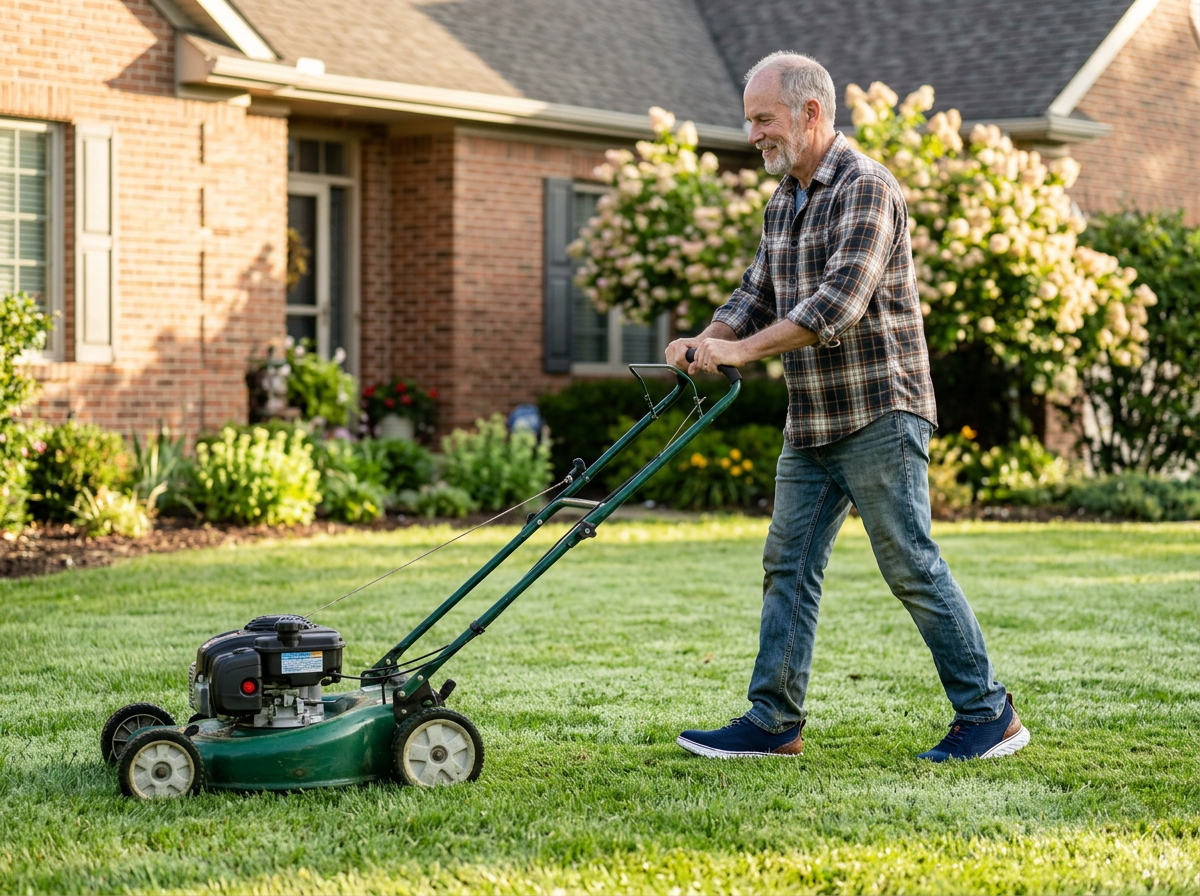 Man in his sixties in navy OrthoFit sneakers pushing a walk-behind lawn mower across his front lawn
