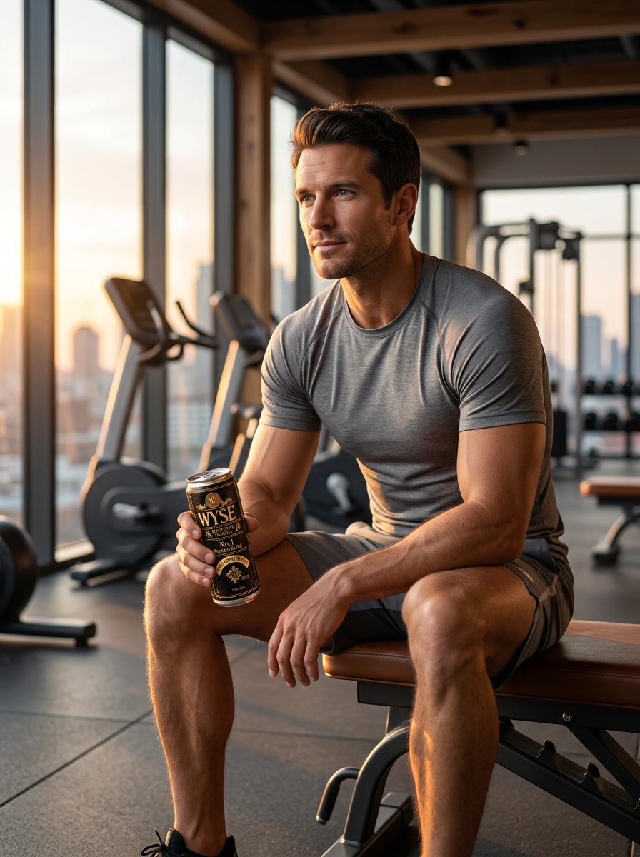 A man rests between sets in an upscale gym holding a Wyse can