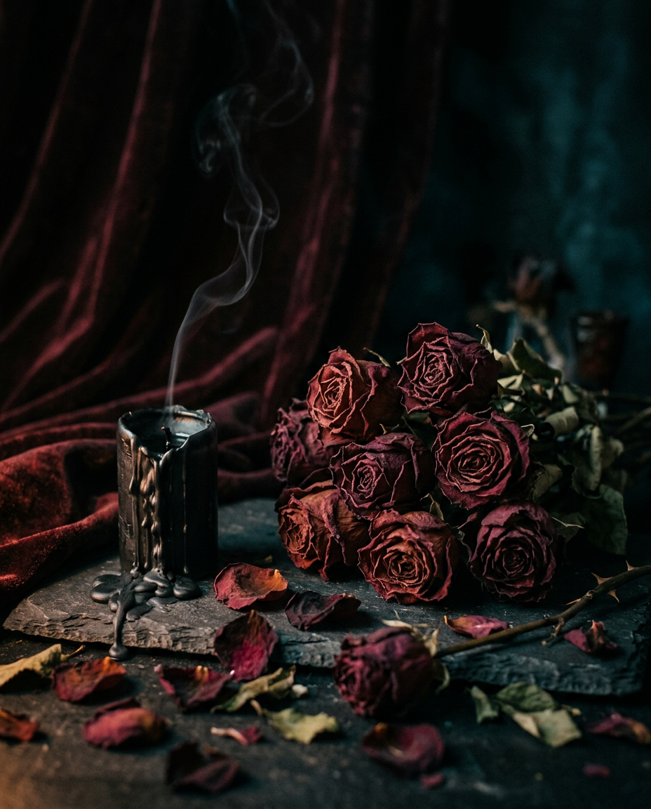 Dried roses, a smoking black candle and velvet in low candlelight