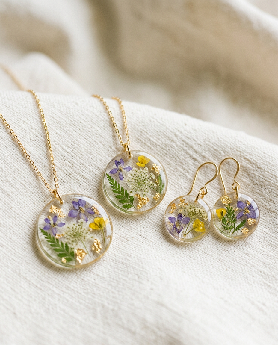 Clear resin pendants and earrings with pressed flowers and gold leaf