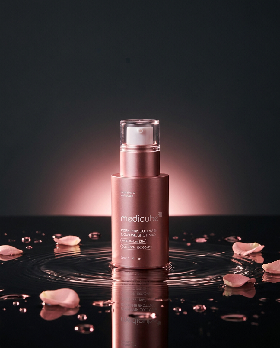 MEDICUBE PDRN Pink Collagen Exosome Shot on a glossy black surface with rose petals