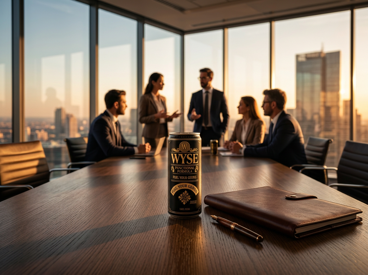 A Wyse can on an oak boardroom table beside a leather portfolio and fountain pen