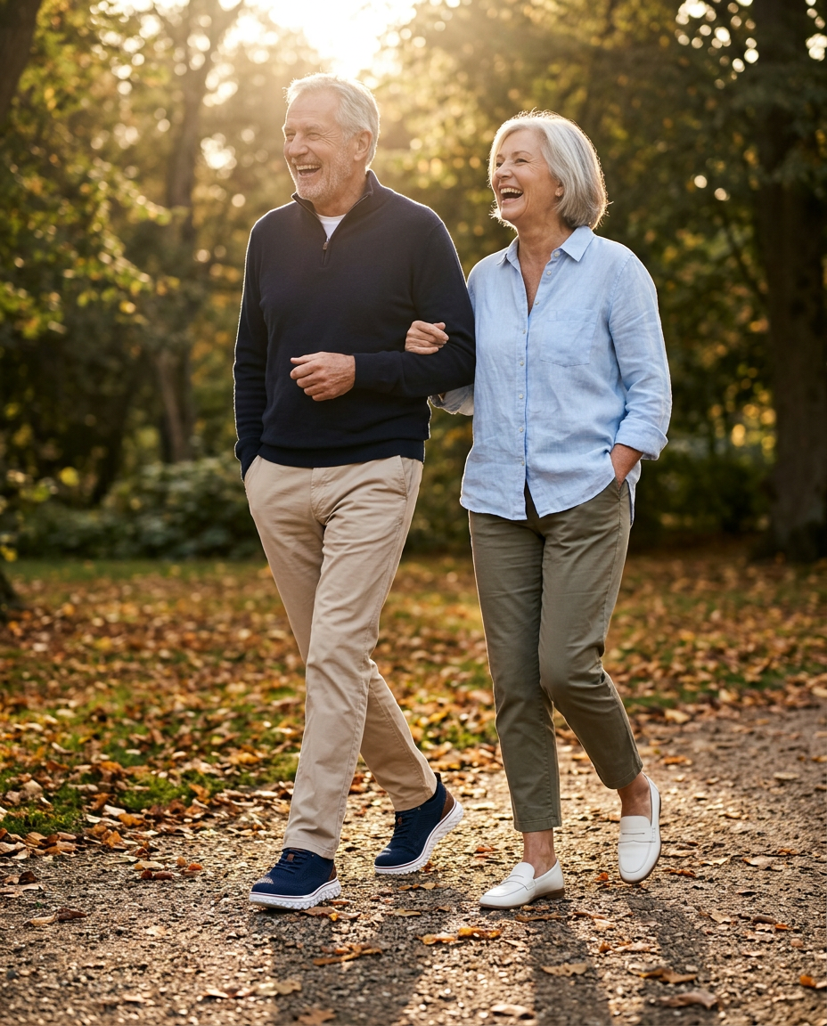Smiling grey-haired man around 70 walking arm in arm with his wife at sunset, wearing navy OrthoFit sneakers