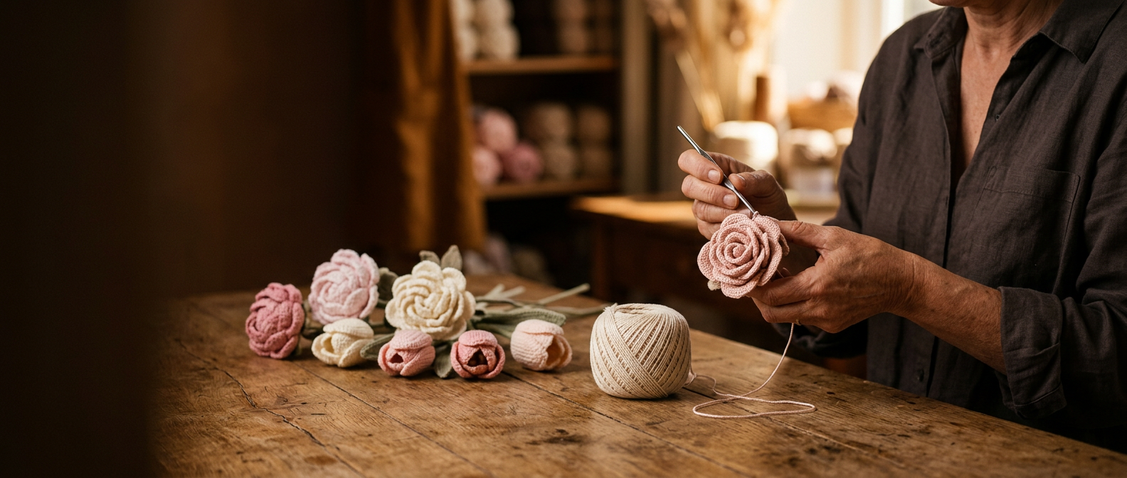 Artisan's hands crocheting a flower in warm golden light