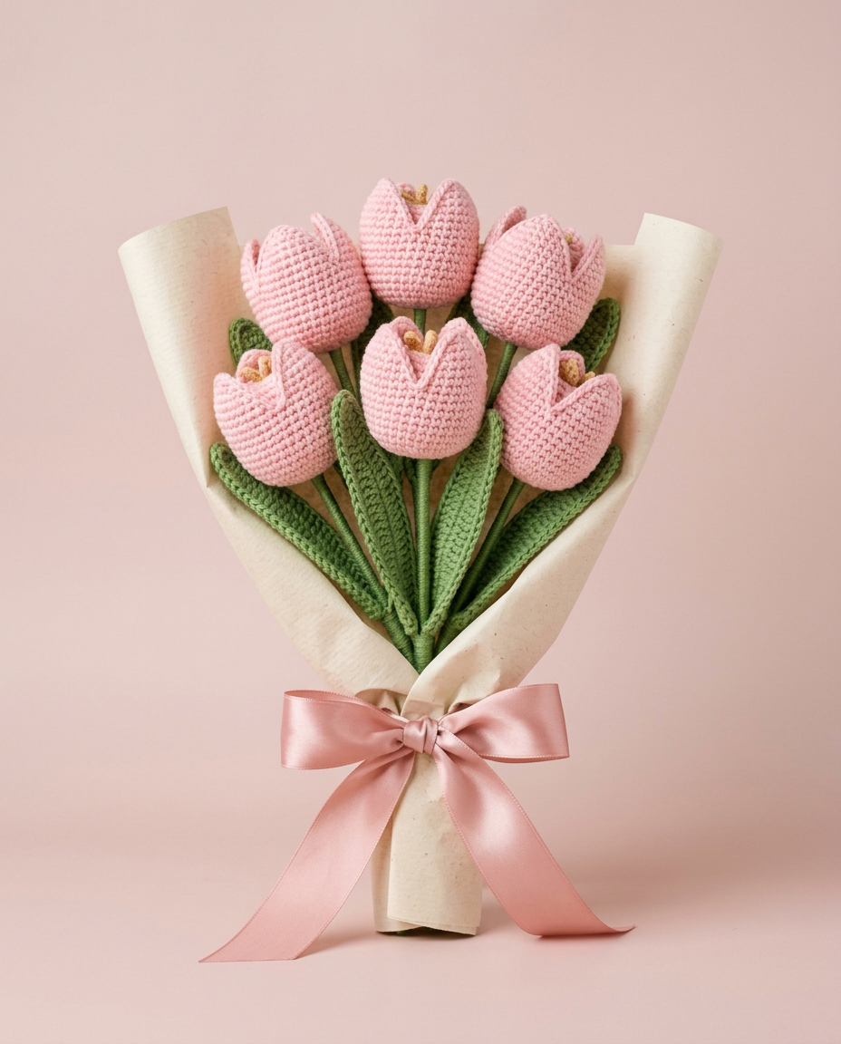Crochet pink tulip bouquet