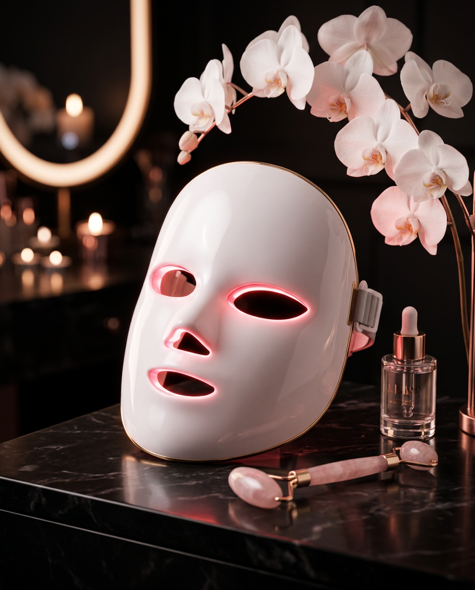 SAAVVY GLOW LED face mask glowing on a black marble vanity with a rose quartz roller, serum and orchids by candlelight
