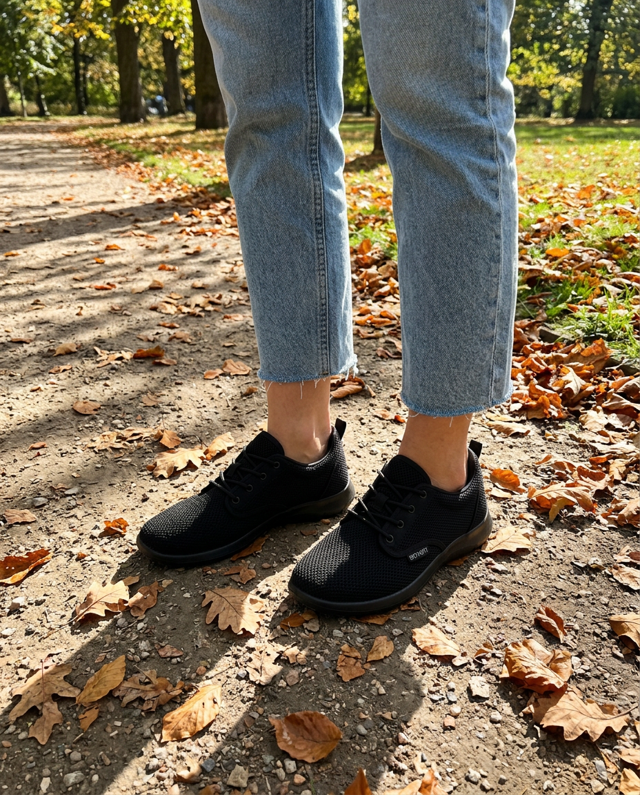 Black knit wide toe box sneakers worn with cropped jeans on a sunny park path