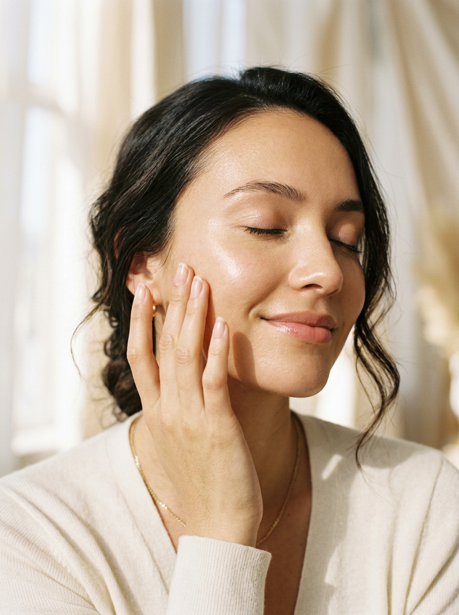 Mulher de olhos fechados com a pele luminosa, a tocar suavemente a face