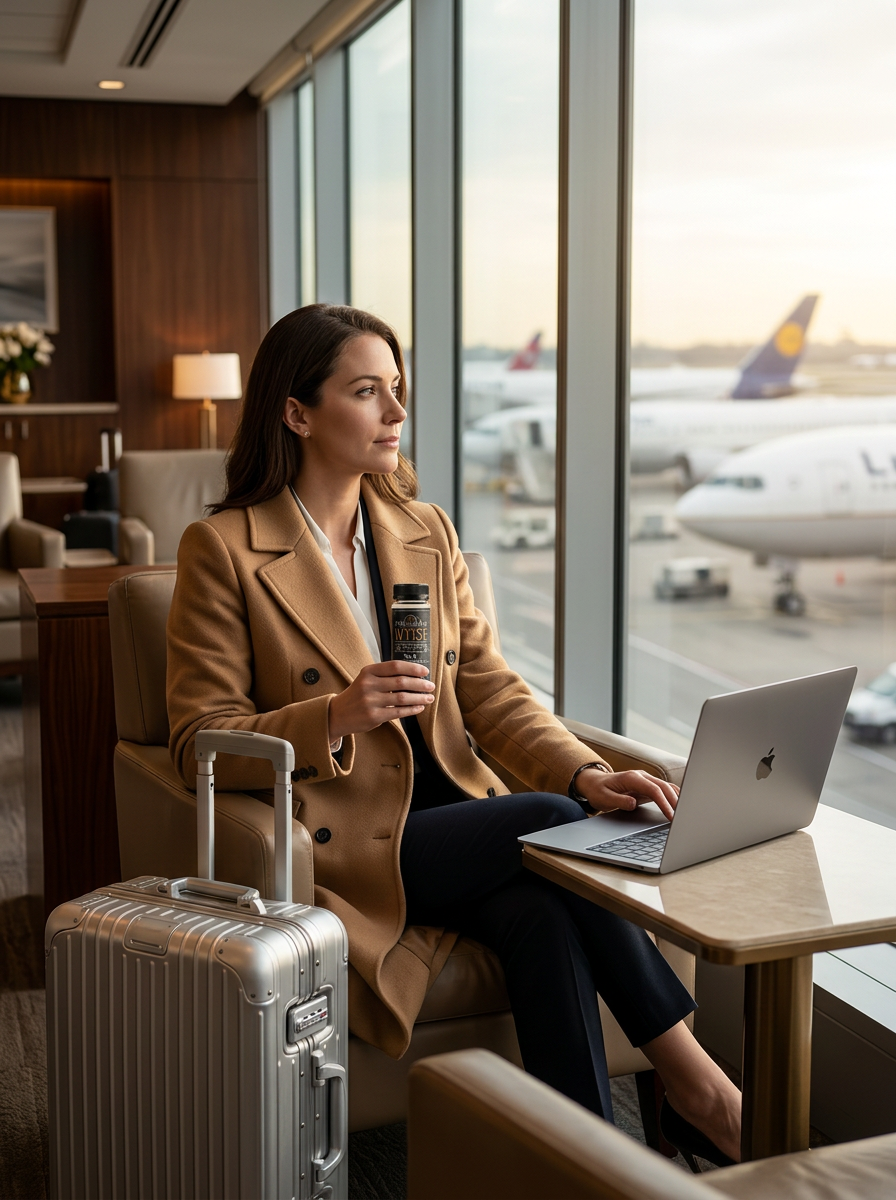 A businesswoman in a camel coat holds a Wyse shot in an airport lounge