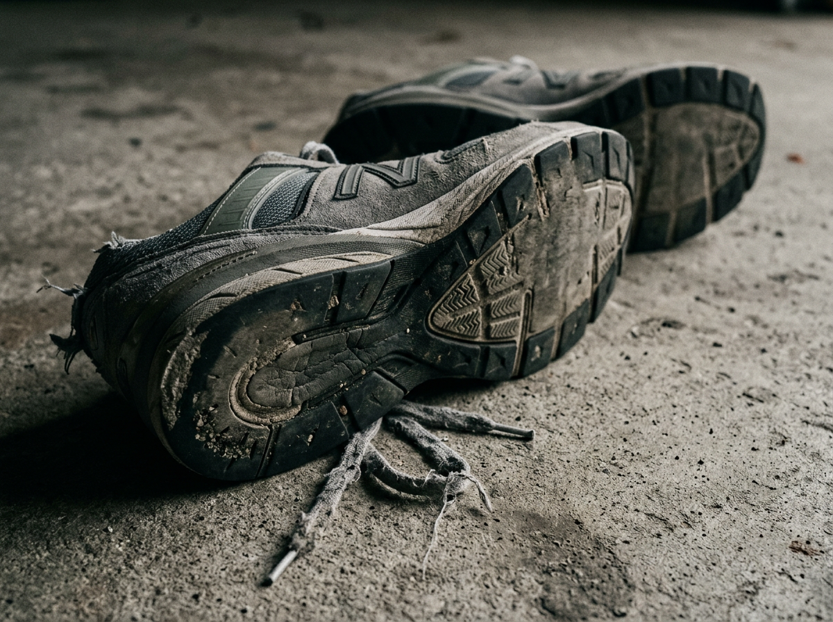 Pair of worn-out grey sneakers flipped over showing unevenly worn heels and flattened soles
