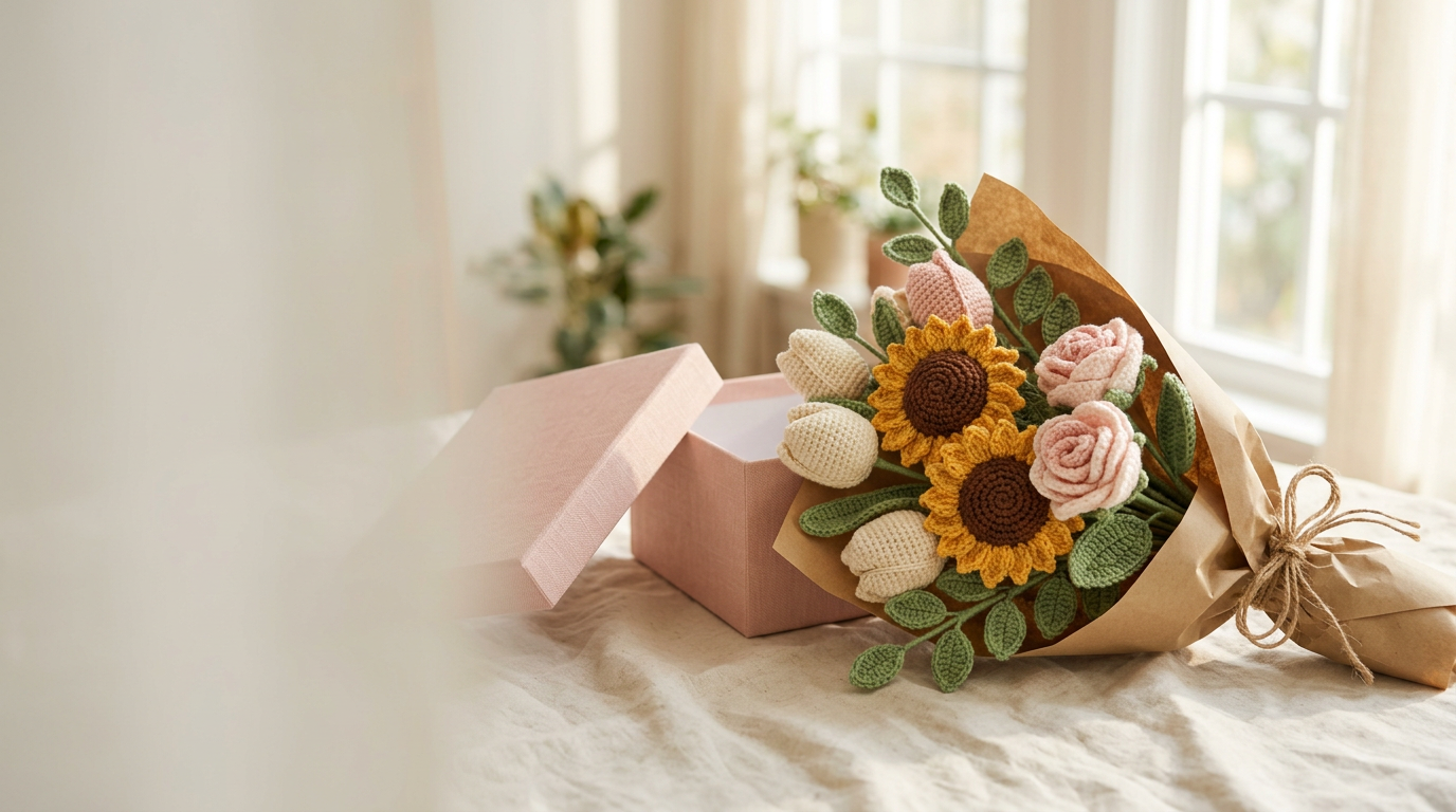Handmade crochet bouquet of sunflowers, blush roses and cream tulips beside a gift box