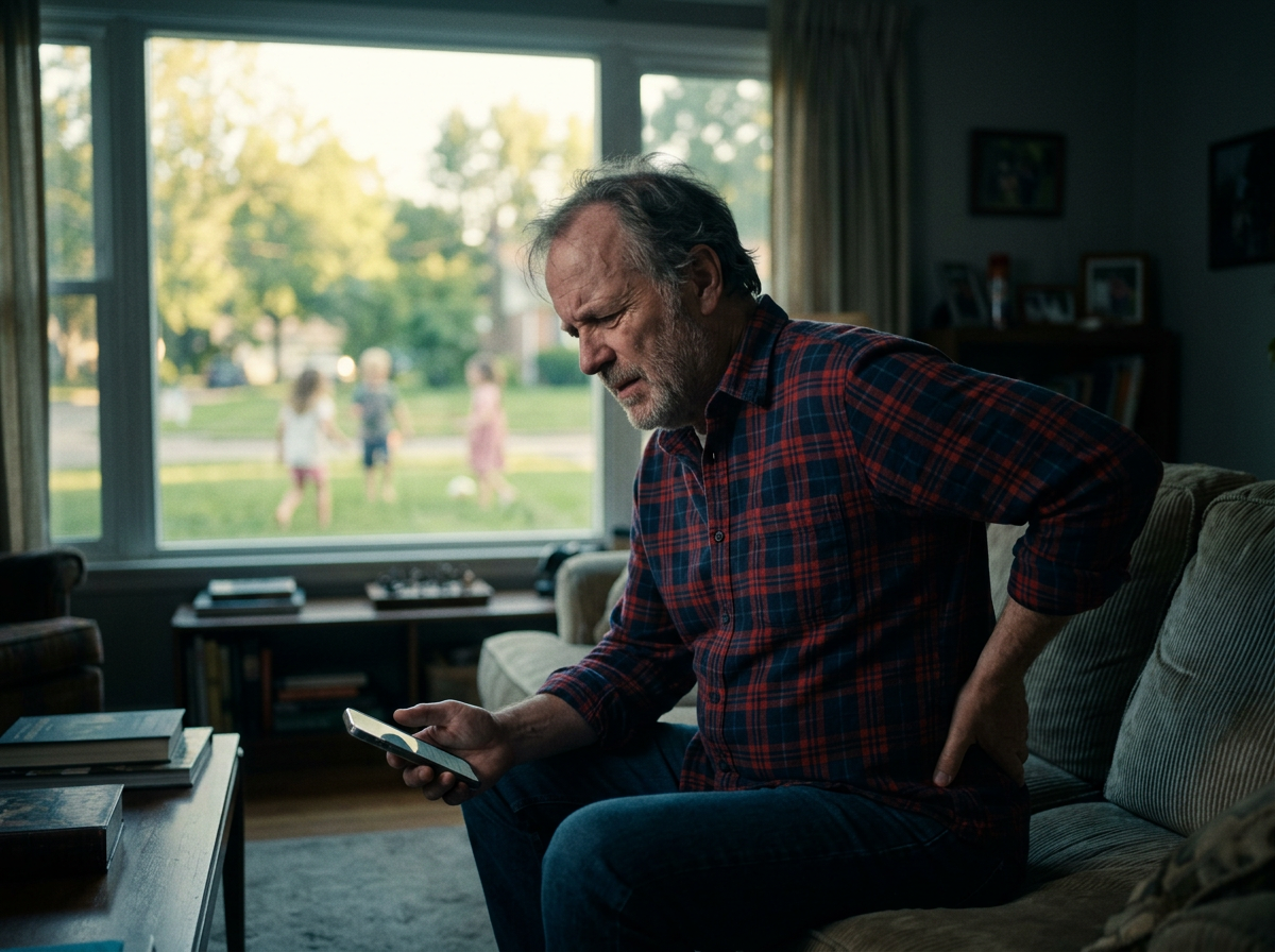 Grey-bearded man in his sixties sitting alone on the couch holding his lower back while children play outside the window