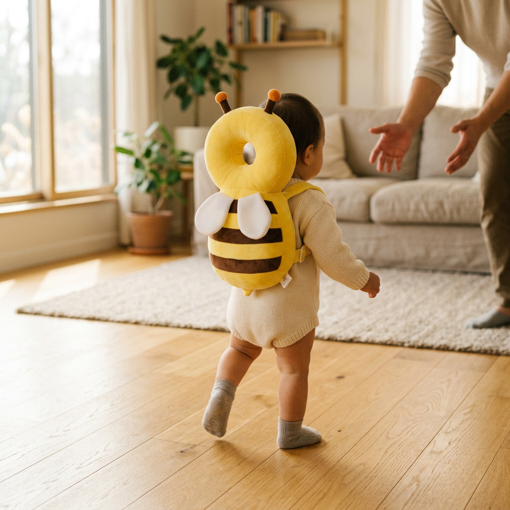 Toddler walking towards a parent wearing the bee head protector