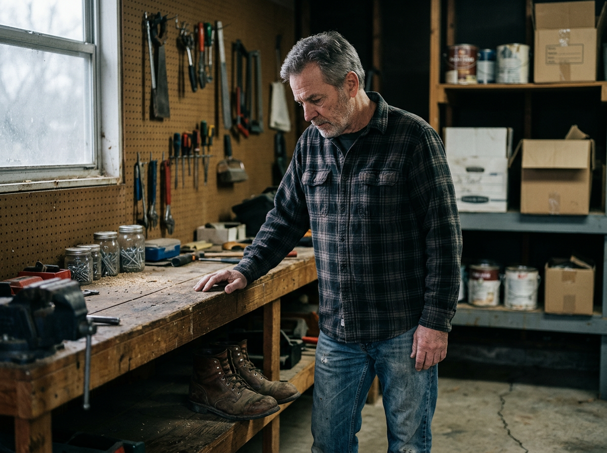 Grey-bearded man in his sixties standing alone at a garage workbench, looking down at an old pair of work boots