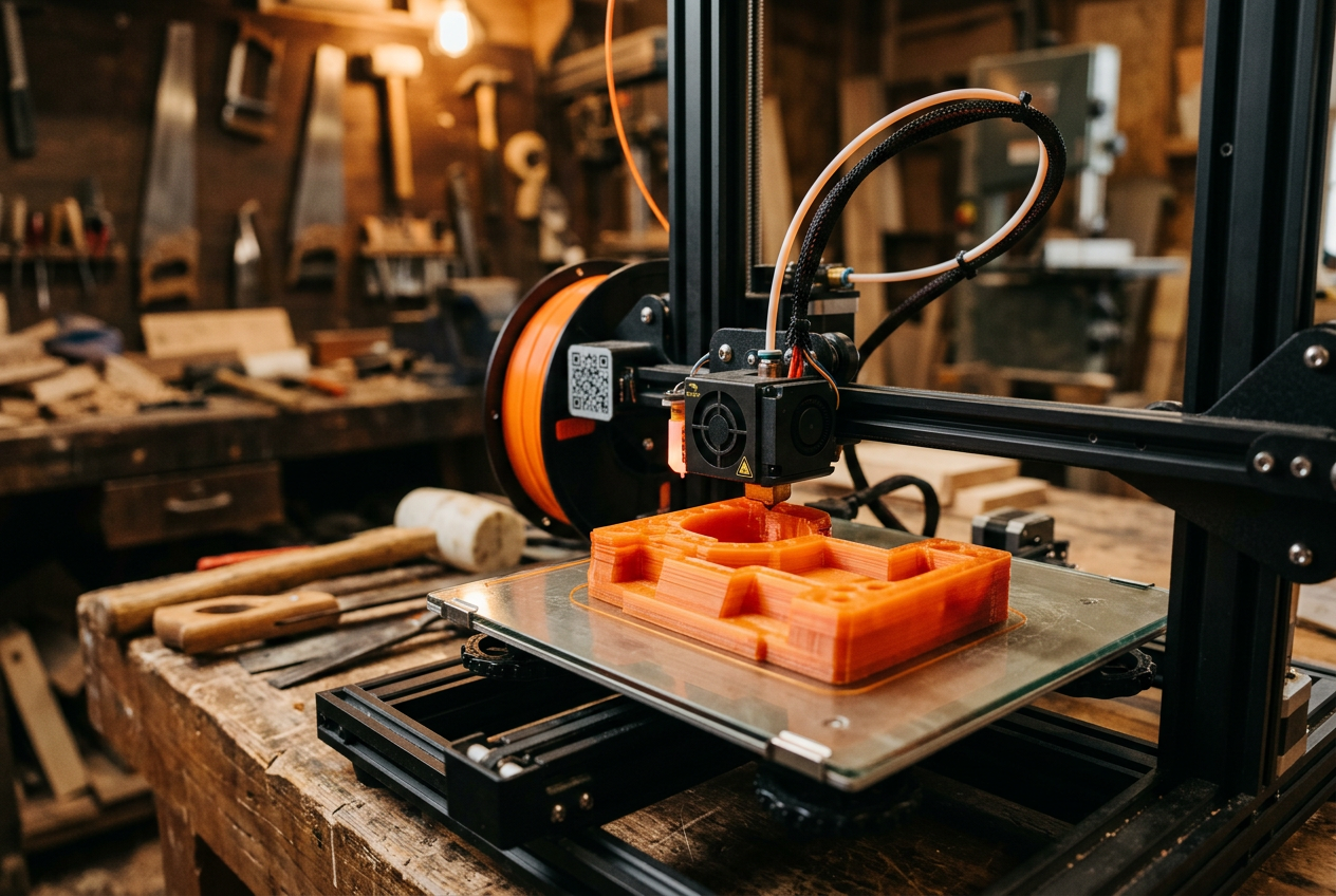 3D printer printing an orange shop jig part
