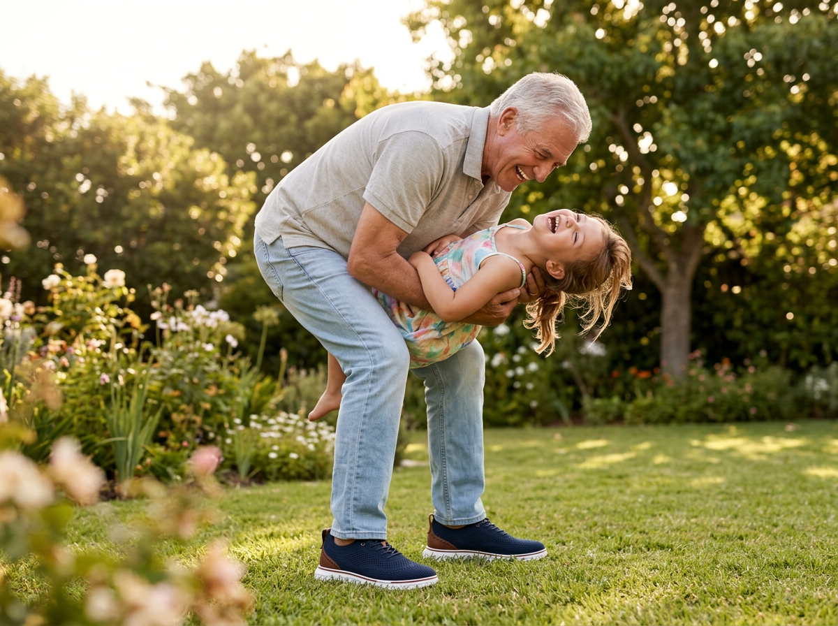 Grey-haired grandfather laughing as he lifts his young granddaughter in a sunny garden, wearing navy OrthoFit sneakers