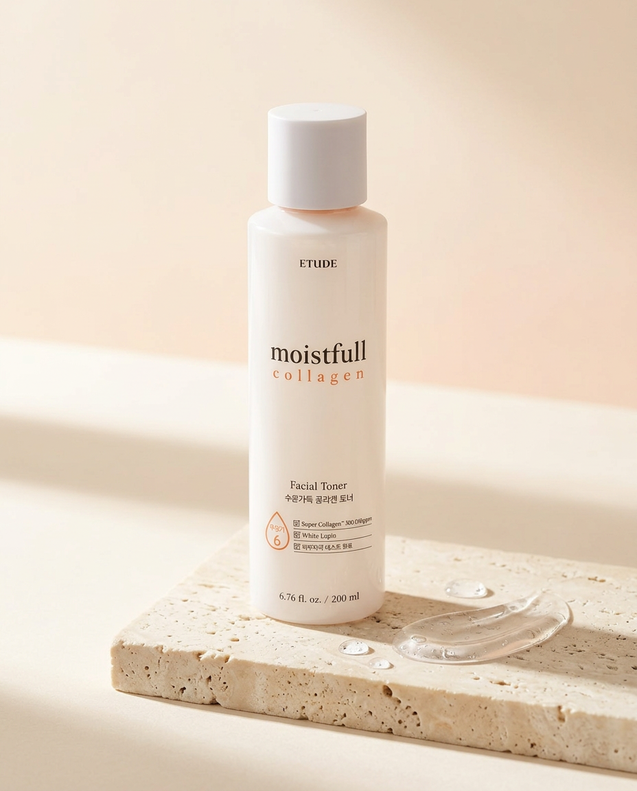 Tónico ETUDE Moistfull Collagen sobre pedra marfim, com gotas e textura aquosa