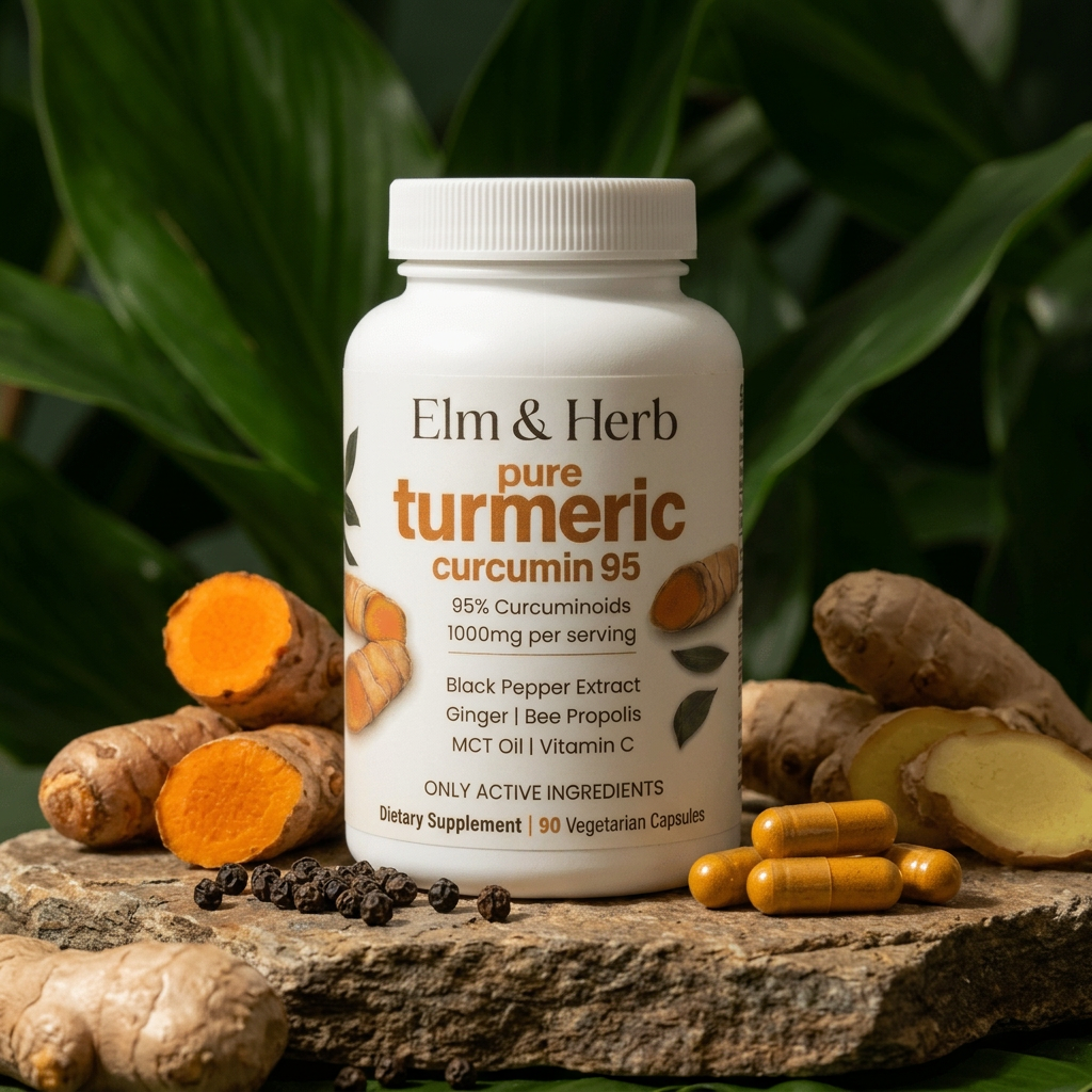 Elm & Herb turmeric bottle on a stone slab with fresh turmeric, ginger, black peppercorns and golden vegetarian capsules