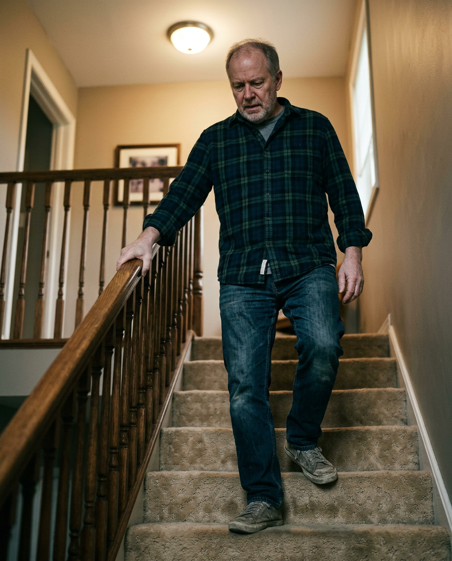 Man in his sixties coming down the stairs slowly, gripping the wooden handrail tightly, wearing worn flat sneakers