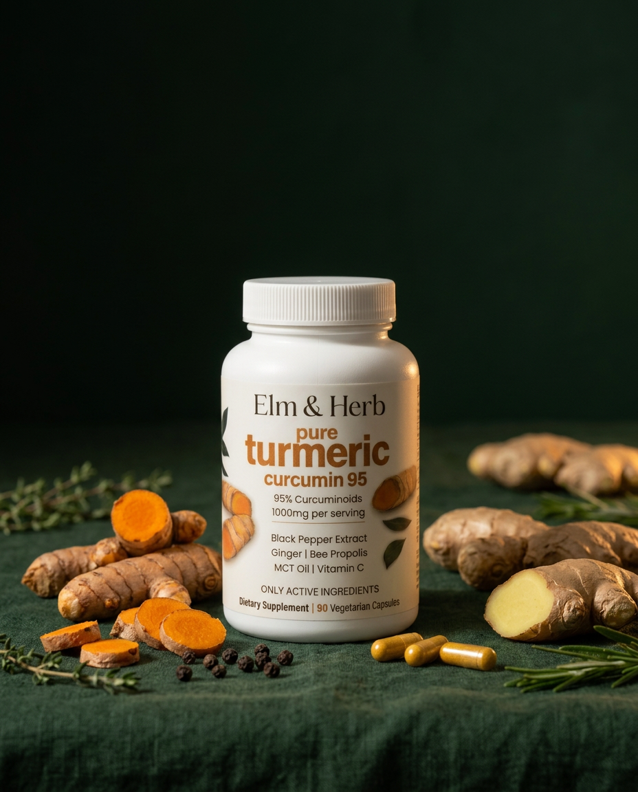 Elm & Herb turmeric bottle surrounded by fresh turmeric, ginger and capsules