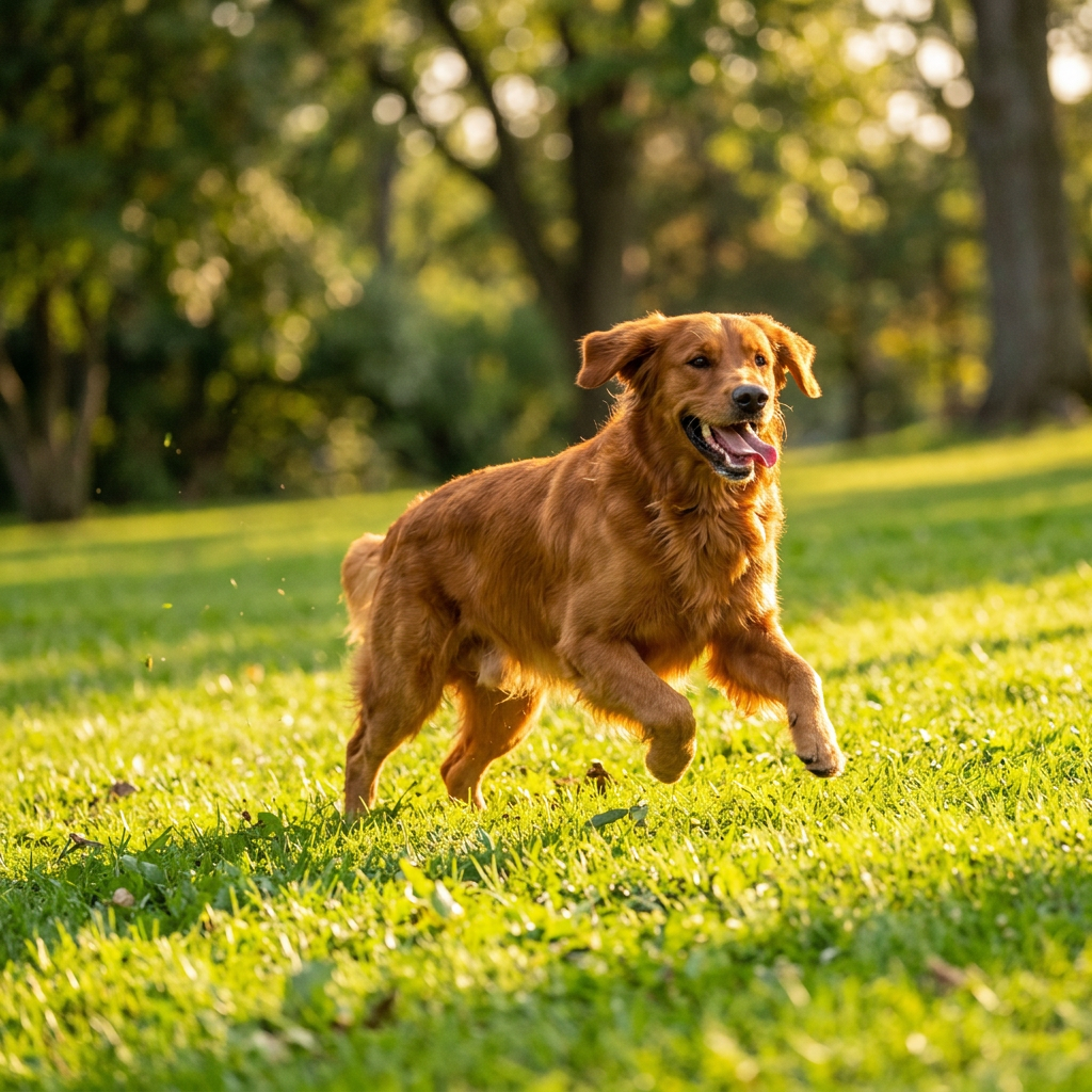 Dopo: lo stesso golden retriever che corre felice sul prato con il manto lucido