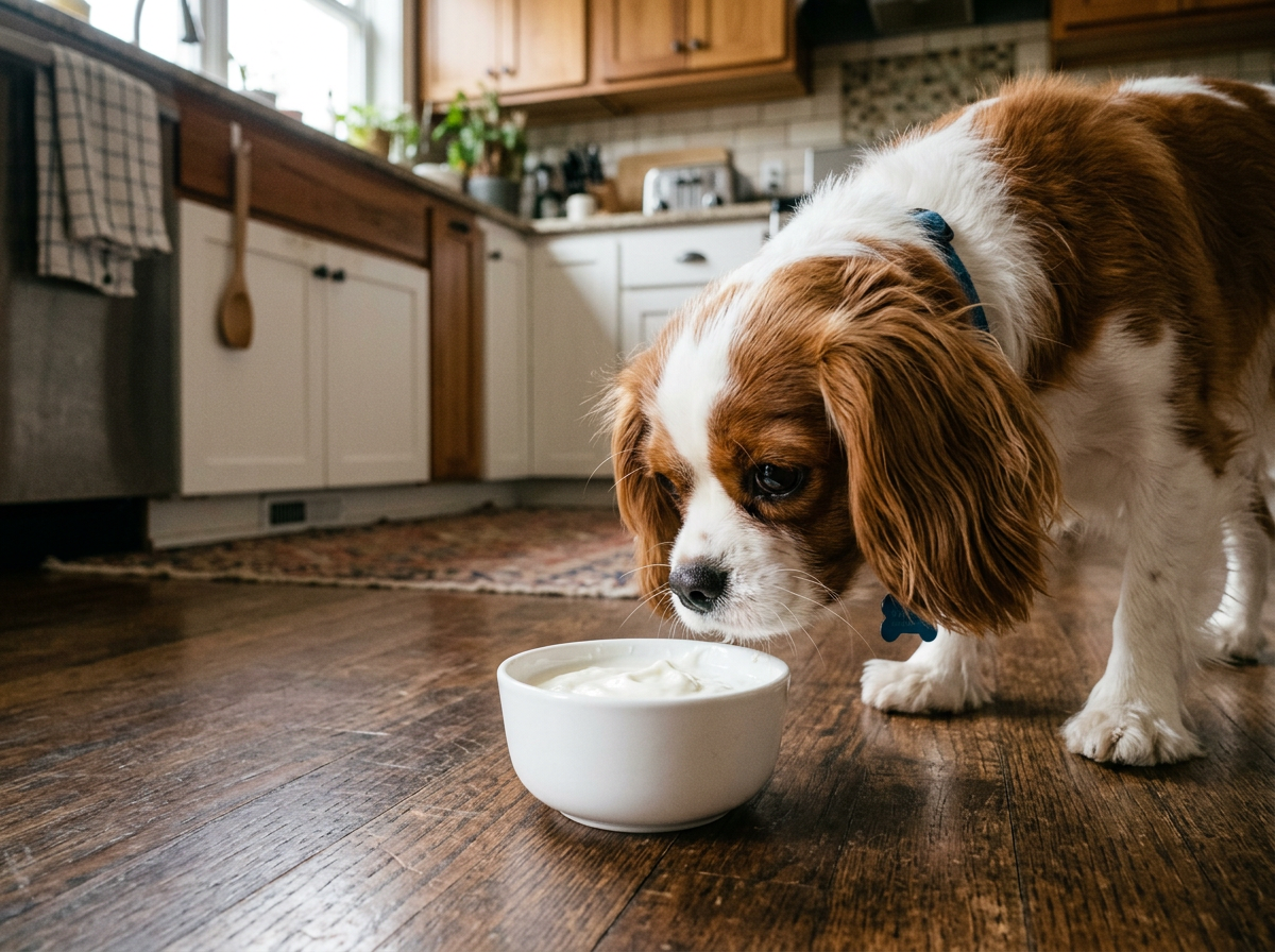 Cane che annusa una ciotola di yogurt bianco