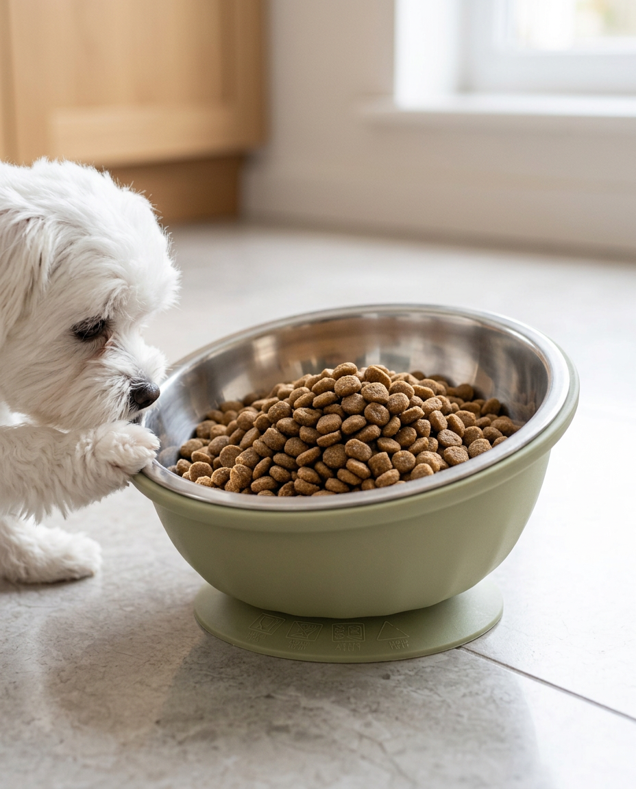 Close-up of the sage-green Tilted Dog Bowl filled with kibble beside a small white dog
