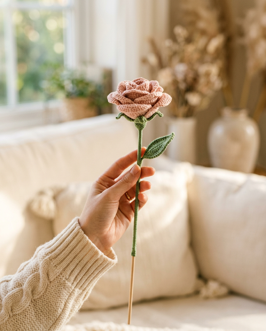 Hand holding a single crochet rose stem