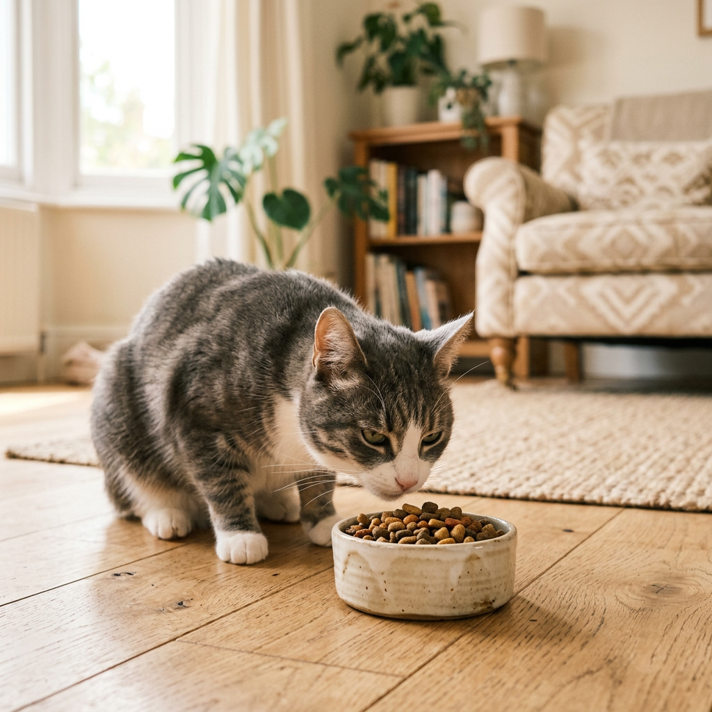 A grey and white cat sniffing a bowl of dry kibble on a wooden floor