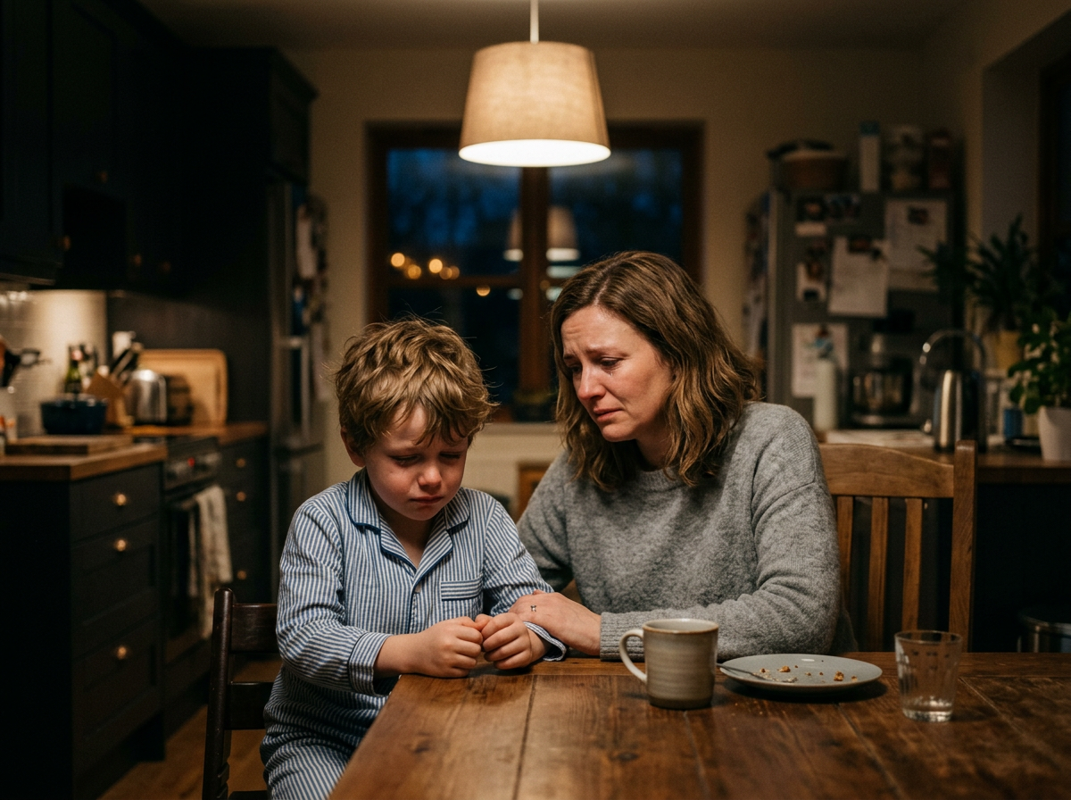 Young boy in pyjamas looking down sadly at the kitchen table while his mother sits beside him lost for words