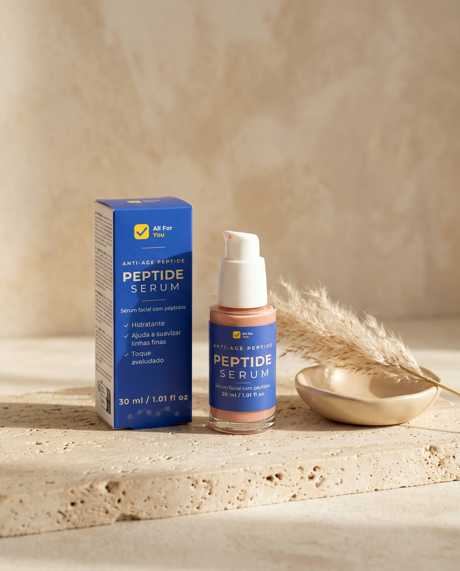 Sérum Anti-Aging com Péptidos All For You Beauty sobre pedra travertino, à luz da manhã