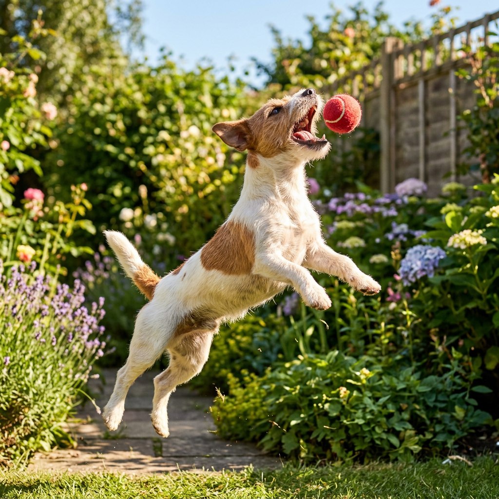Dopo: lo stesso Jack Russell che salta per prendere la pallina in giardino