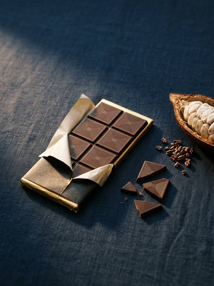 Feine CHOCQLATE Schokoladentafel mit zarten Bruchstücken und Kakaonibs auf dunkelblauem Leinen