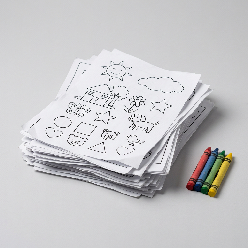 Stack of photocopied Sunday school worksheets and crayons