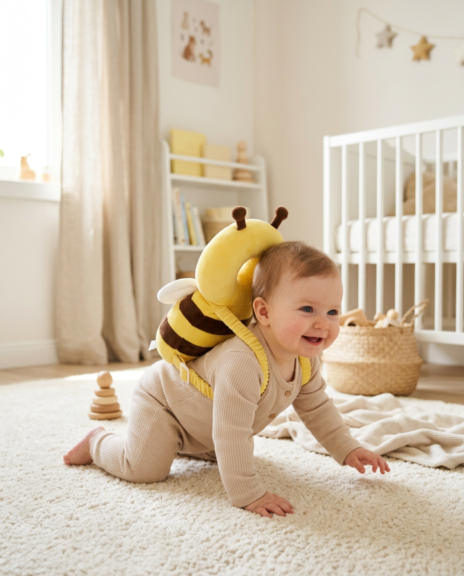 Happy baby crawling in the nursery wearing the bee head protector