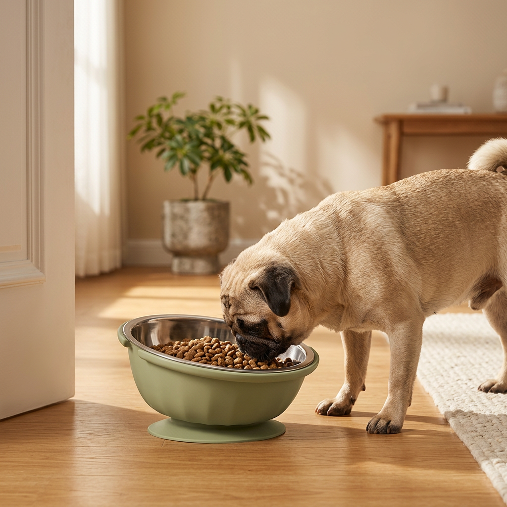 A pug eating kibble from the tilted bowl's stainless steel insert on a sunny wooden floor