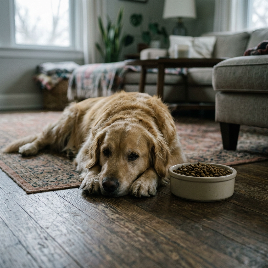 Prima: golden retriever sdraiato e svogliato accanto alla ciotola piena