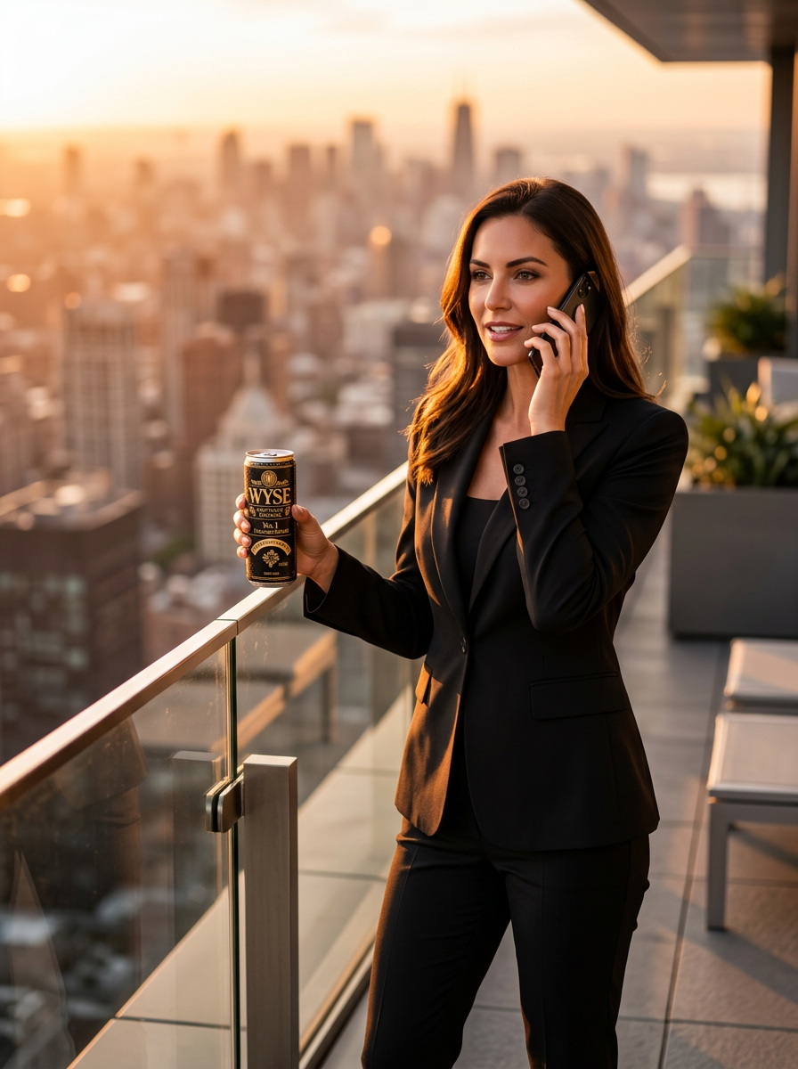 A woman in a tailored black suit takes a call on a rooftop terrace holding a Wyse can
