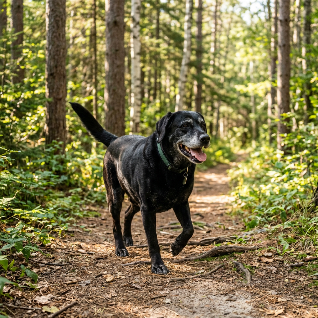 Dopo: lo stesso Labrador senior che passeggia felice nel bosco