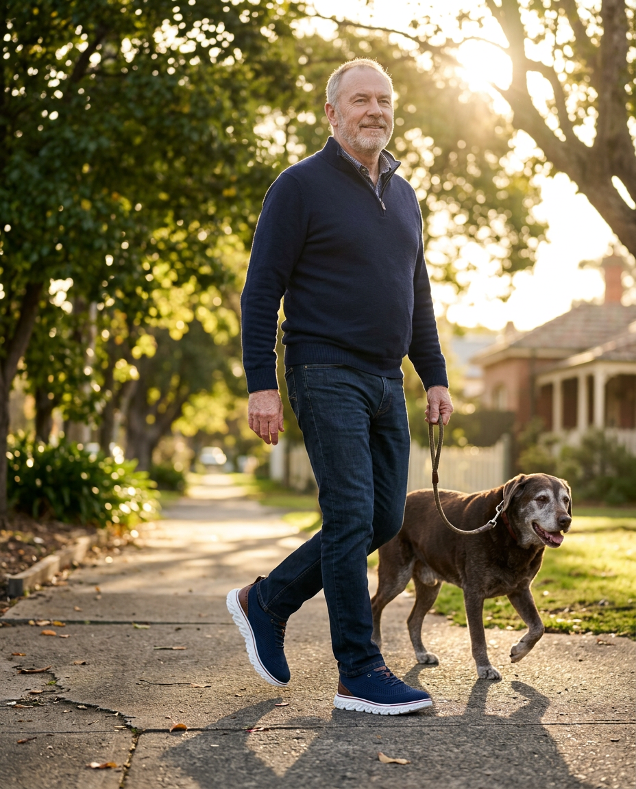 Man in his sixties in navy OrthoFit sneakers walking upright along a leafy footpath with his Labrador at golden hour