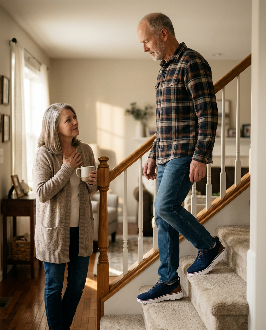 Wife holding a coffee mug watches with relief as her husband in navy OrthoFit sneakers walks down the stairs without holding the rail