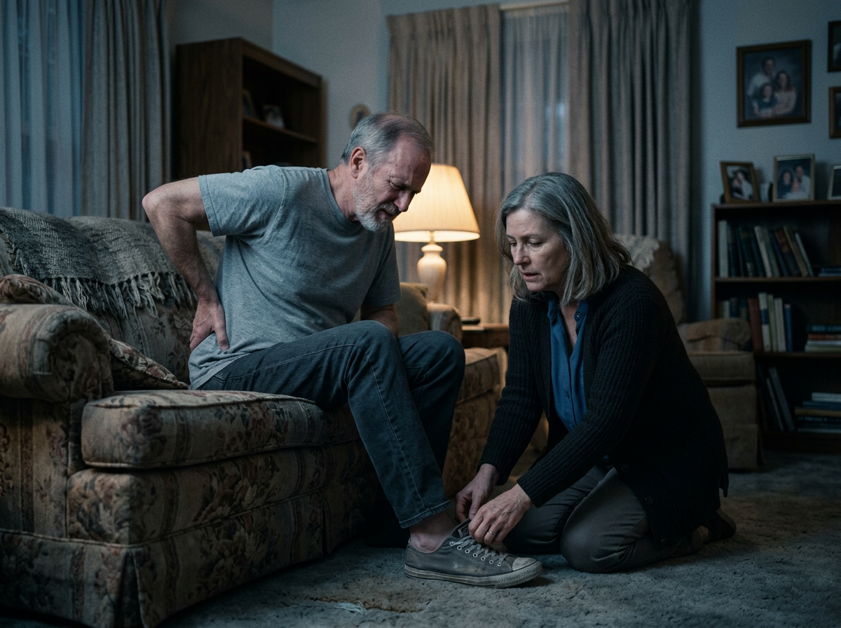Man in his sixties wincing and holding his lower back on the couch while his wife kneels to help put his old worn sneakers on