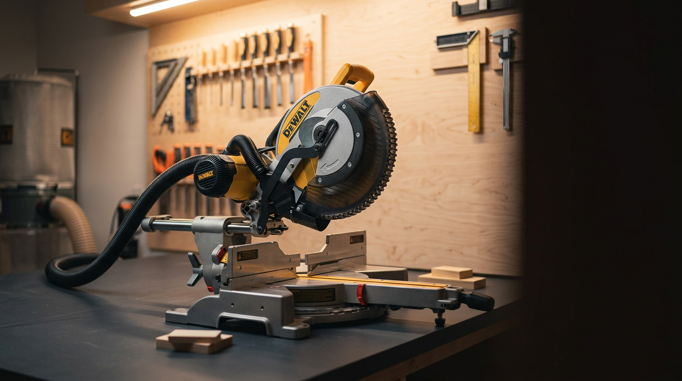 Miter saw fitted with a Shop Nation dust collection chute in a clean, organized workshop