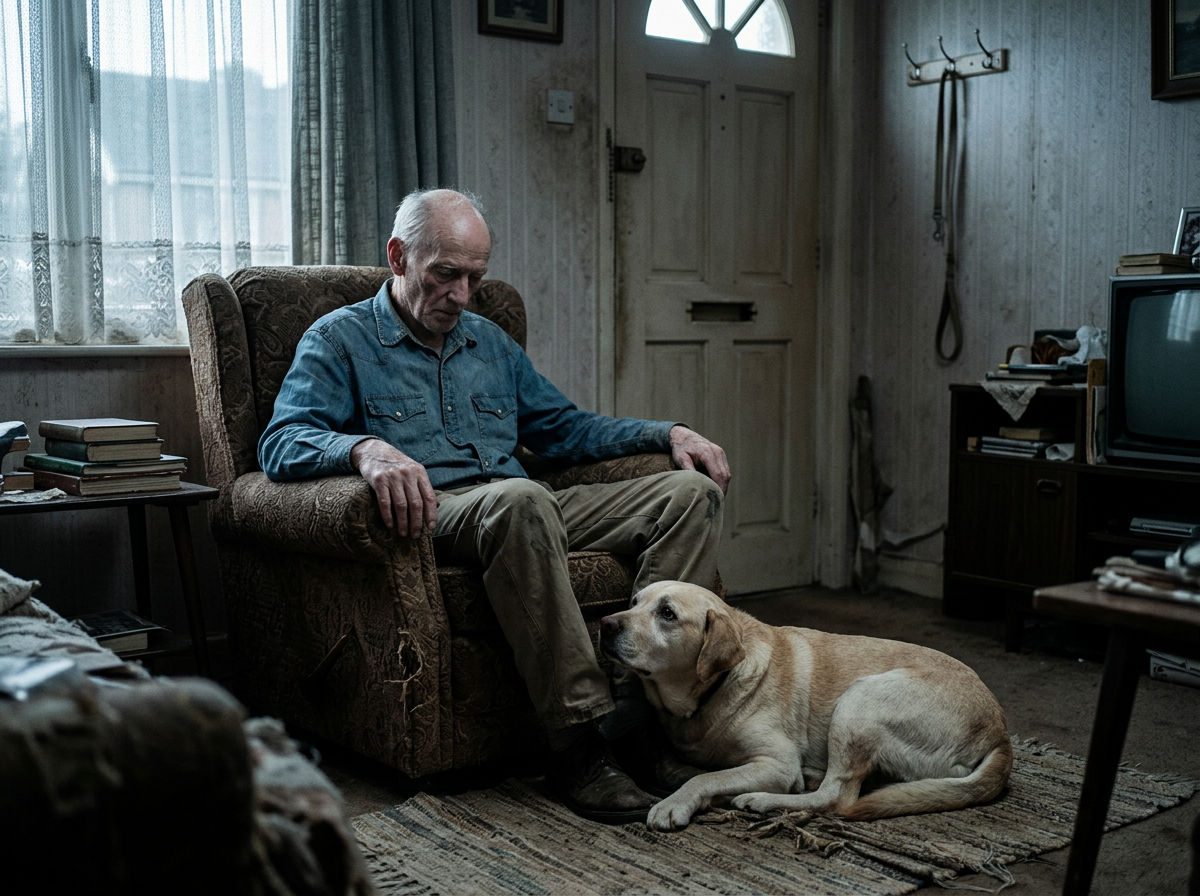 Frail elderly man slumped in a worn armchair with his old Labrador lying at his feet and the dog leash hanging unused by the door